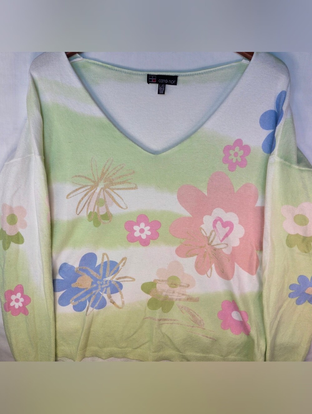 Carré Noir Pastel Floral V-Neck Lightweight Sweater Top Sz L Cottagecore Y2K
